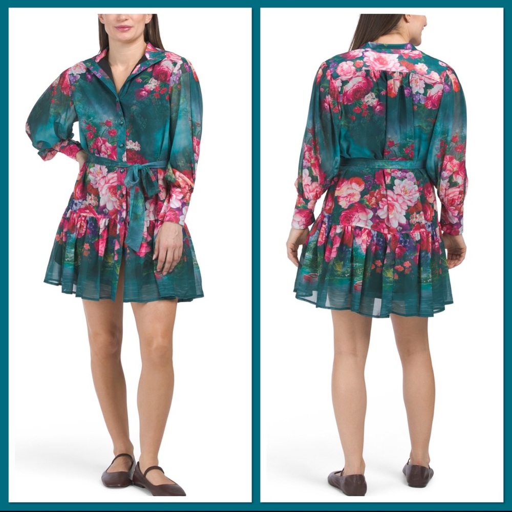 NWT Dalia MacPhee Long Sleeve Mock Neck Floral Dress With Belt, XL